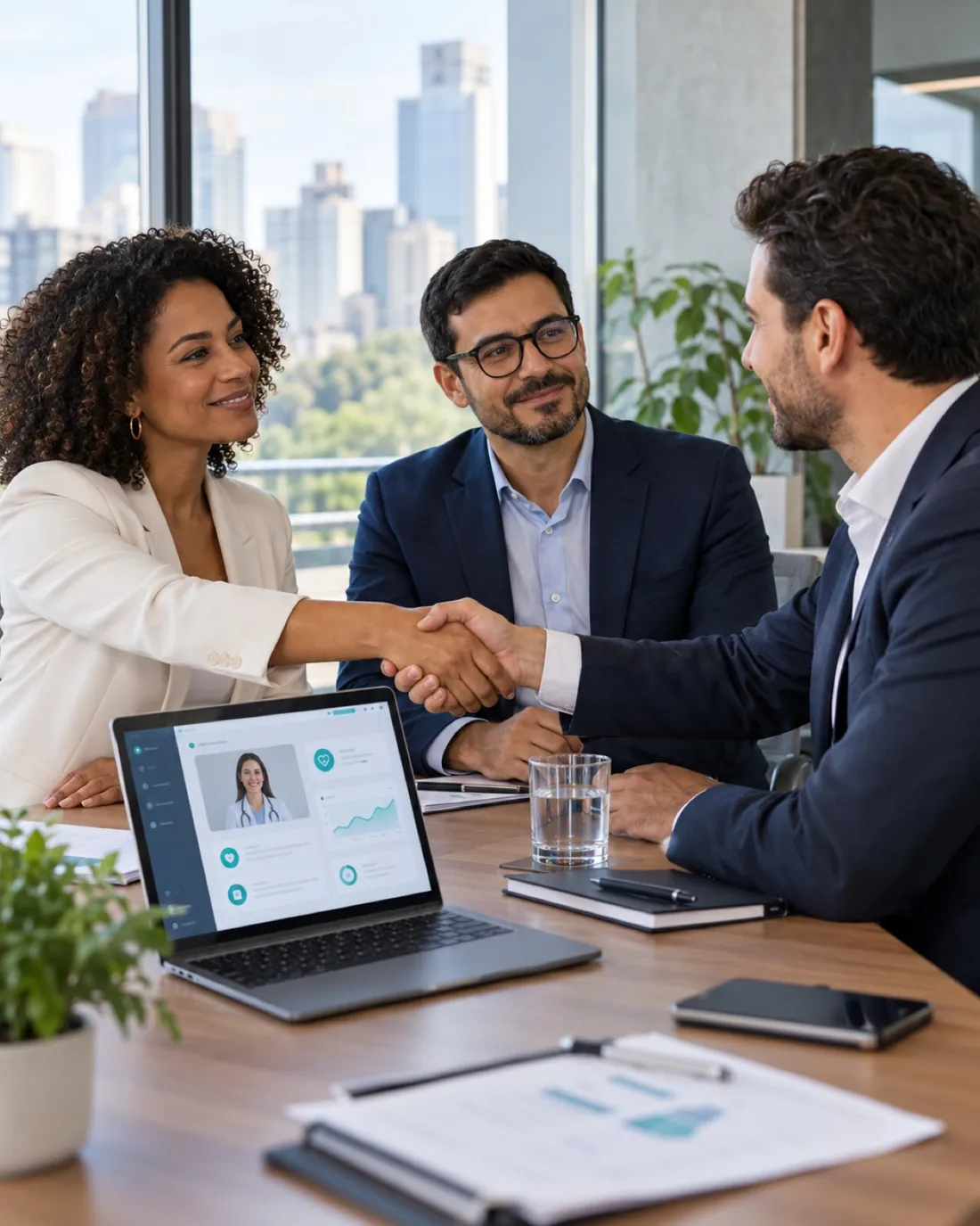 Lideranças de RH formalizando uma parceria de saúde digital para colaboradores