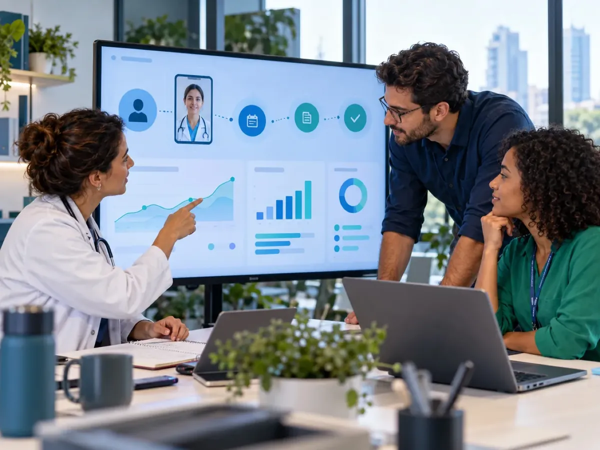 Equipe analisando indicadores de uma operação de saúde digital