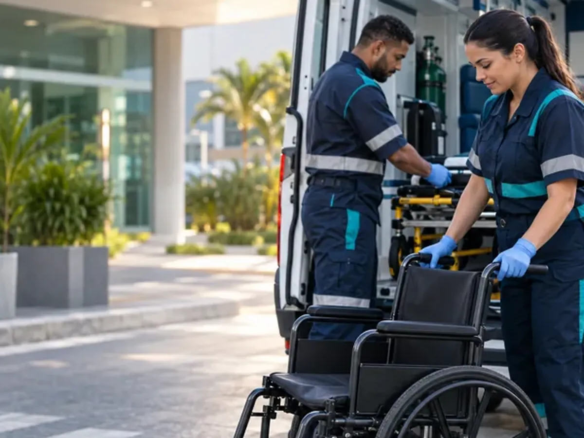 Equipe de remoção com ambulância e cadeira de rodas