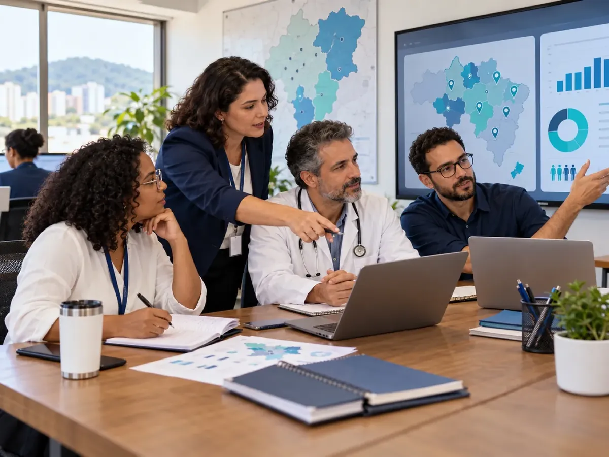 Equipe de saúde planejando o acesso com mapa e indicadores