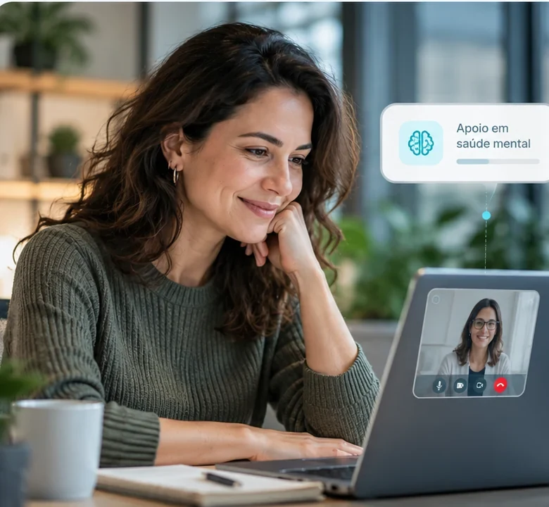 Colaboradora em videochamada com uma psicóloga pelo notebook
