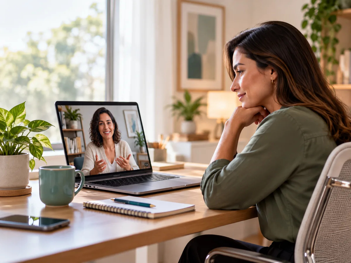 Colaboradora em atendimento de saúde mental por videochamada