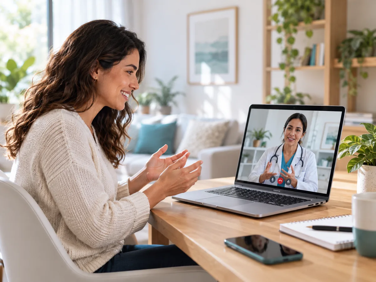 Paciente em videoconsulta com médica pelo notebook, em casa