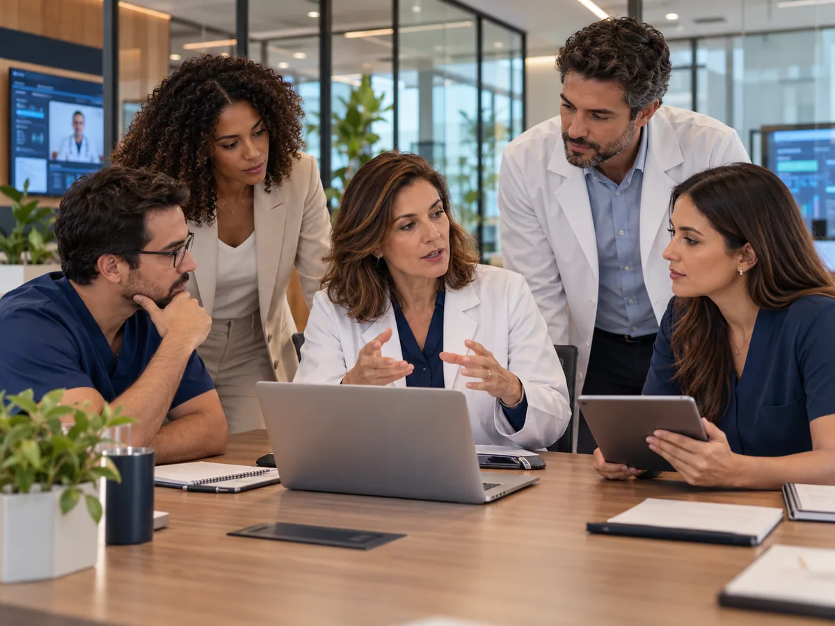 Equipe médica e de gestão reunida analisando atendimentos